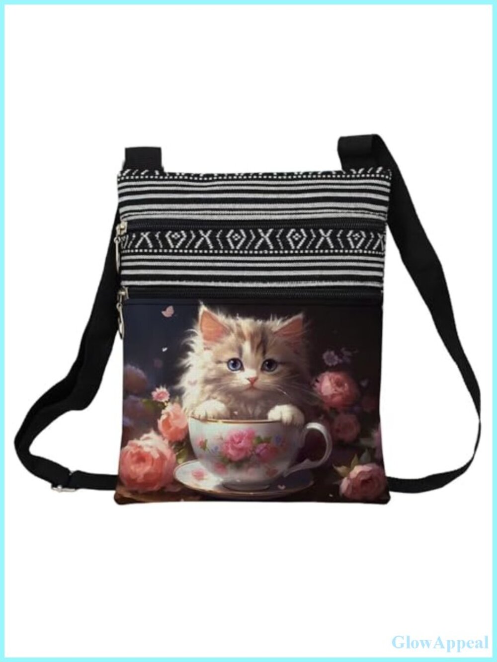 Cat Pattern Crossbody Handbag Zipper Floral Kitten Kitty Aesthetic